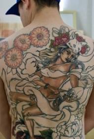 Écolier en arrière peint des fleurs d'arbres et des lignes abstraites portrait portrait tatouage