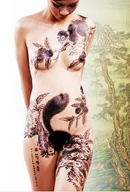 Sexy nude girl full body classic ink painting squirrel