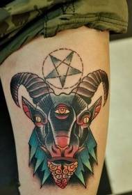 Three-eyed sheep head and five-pointed star totem tattoo on individual arm