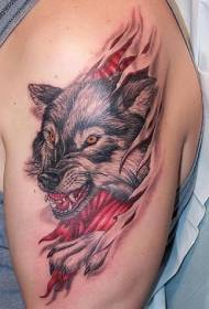 Padrão de tatuagem de cabeça de lobo de couro rasgado de braço grande