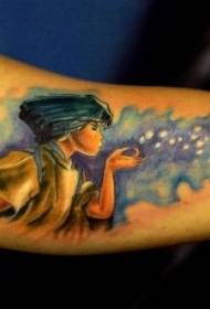 Ilustrasi lengan besar gaya pola kartun potret tato berwarna-warni