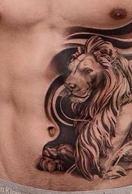 Handsome totem and lion tattoo picture of man's left abdomen