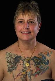 Japán gésa tetoválás illusztrációja egy idegen nő mellére