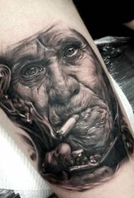 Legs black gray realistic smoking old man tattoo pictures