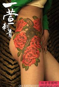 Beautiful waist to legs popular with beautiful roses and pistol tattoos