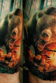 Arm evil bear attack man with pistol tattoo pattern