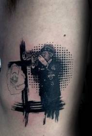 Side rib black dot portrait and flower tattoo pattern