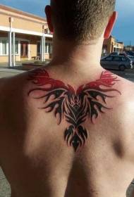 Black and red tribal phoenix back tattoo pattern