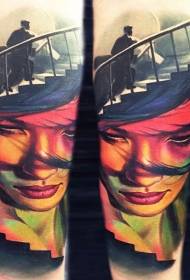 Arm color mysterious female portrait tattoo pattern
