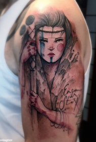 Shoulder ink illustration style geisha with letter tattoo