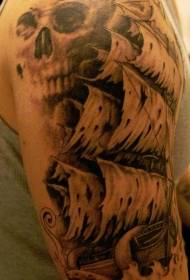 Shoulder brown pirate ghost ship and skull tattoo