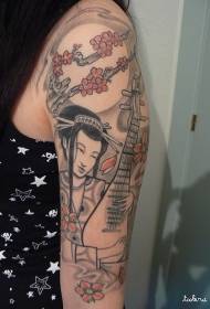 Shoulder colour Japanese geisha tattoo patroon