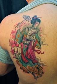 Colorful geisha flower tattoo pattern on the back