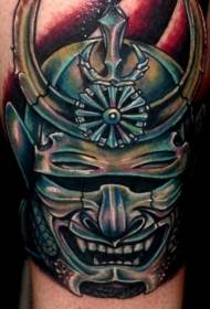 Leg color scary Japanese warrior mask tattoo