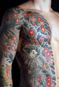 Half-length huge multicolored Asian themed flower snake samurai tattoo pattern