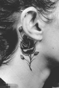 Female ear behind black sketch pricking technique beautiful rose tattoo picture