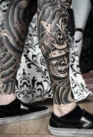 Shank Asian style flower with samurai mask tattoo pattern