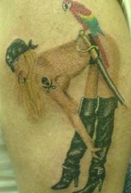 Shoulder color nude female pirate with parrot tattoo