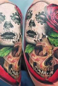 Schouder kleur vrouw masker en menselijke schedel tattoo patroon