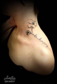 Shoulder minimalist black lines flowers and letter tattoo pattern