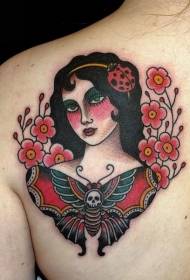 Back old school female portrait and butterfly skull tattoo pattern