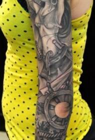 Flower arm gray girl wheel and female pirate tattoo pattern