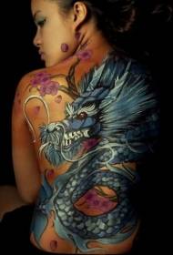 Large blue dragon and Japanese cherry tattoo pattern on the back