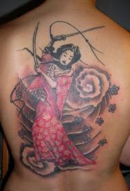 Back color geisha dancing dance sword tattoo pattern