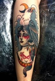School woman with eagle and moon colorful tattoo pattern