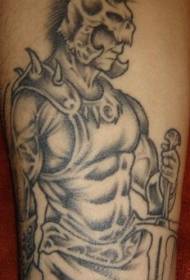 Arm black gray serious warrior with skull helmet tattoo pattern