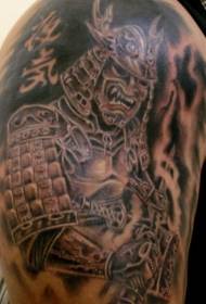 Shoulder brown japanese angry dark warrior tattoo pattern