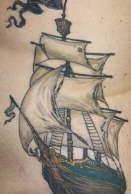 Waist side color pirate sailboat tattoo pattern