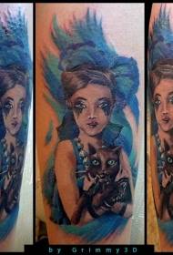 Illustration style colorful magical portrait with cat tattoo pattern
