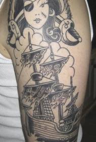 Fată pirat negru gri și model tatuaj barcă
