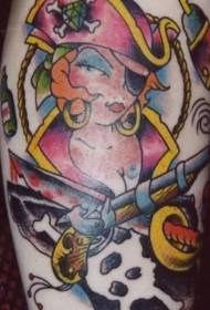 Pirate girl gun and sword classic color tattoo pattern