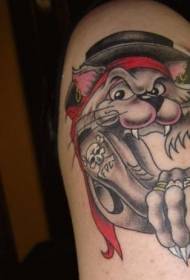 Lobo pirata de desenho animado de braço grande e padrão de tatuagem de anel