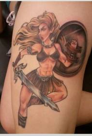 Thigh sexy painted female warrior tattoo pattern