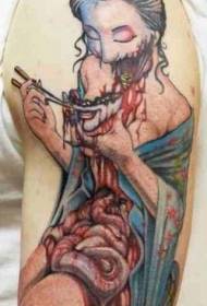 肩部彩色可怕的血腥僵尸艺妓纹身图案