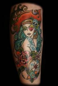 Modeli tatuazh i shkollës me lule pirate, 126741 @ Modeli klasik i tatuazhit nga vajza pirate portrete