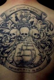 Siyah gri korsan kafatası ve gemi arkasında dövme deseni