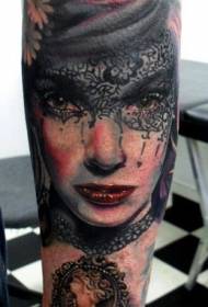 Arm color portrait women mask tattoo pattern