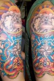 Shoulder colored octopus and sailboat tattoo pattern