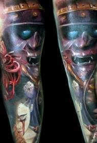 Leg color demon warrior with woman portrait tattoo picture