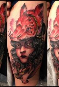 Colorful mysterious woman with shoulder modern modern style with helmet tattoo