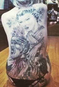 Girl's back on black gray point thorn abstract line creative geisha tattoo picture