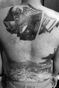 Back amazing realistic dark warrior and house tattoo pattern