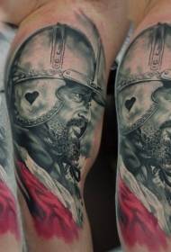 Shoulder colored medieval warrior portrait tattoo