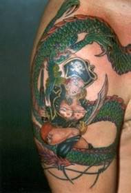 Arm female pirate with sea dragon color tattoo pattern