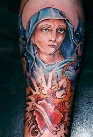 Tatuaje-mastro de Madono kaj Sankta Koro en blua mantelo
