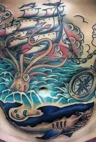 Abdomen colored pirate sailing ship with shark tattoo pattern